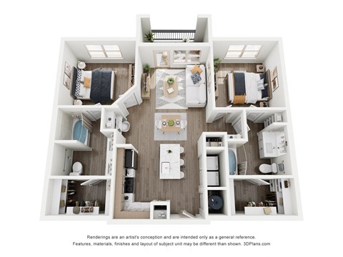 Floor plan for 2 beds, 2 baths, 1033 sqft
